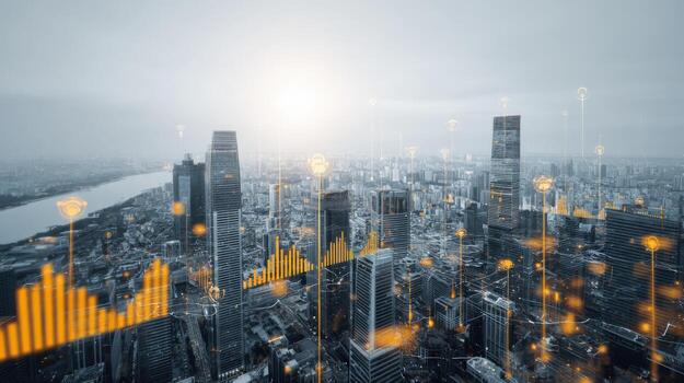Modern Cityscape with Data Visualization Overlay Financial Technology and Business Analytics in Urban Environment photo