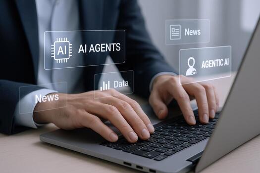 AI Agent Interface on Laptop Man Typing with Digital Overlays for News and Data photo