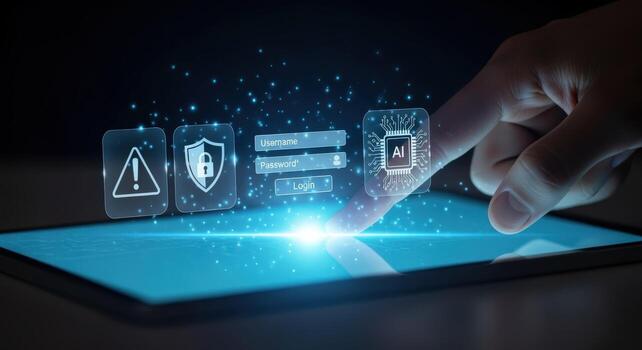 la seguridad cibernética tecnología en tableta artificial inteligencia, datos proteccion, y usuario iniciar sesión interfaz foto