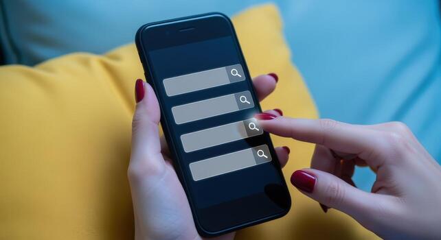 Womans Hand Taps Search Bar Icons on Smartphone with List of Options, Modern Communication photo