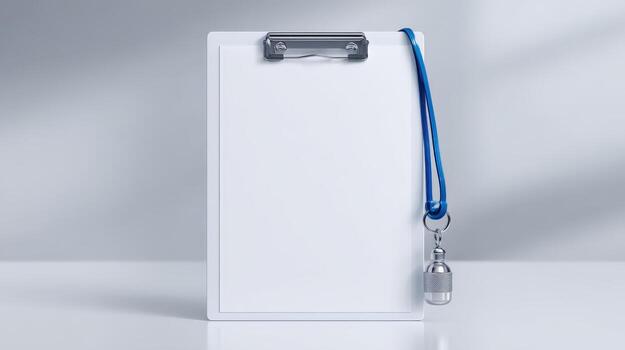 Blank Clipboard Mockup with Blue Lanyard for ID Card Display on White Background photo