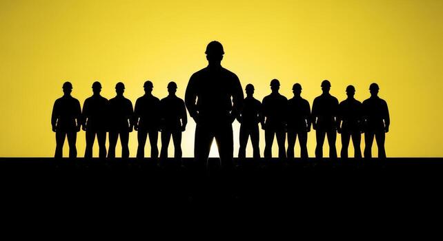 Silhouette of a Team of Workers with a Leader Standing in Front Against a Yellow Background photo