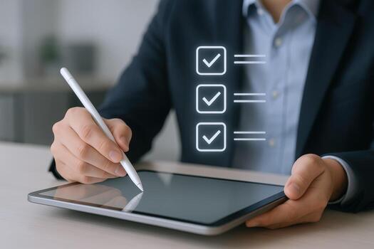 Digital checklist concept businessman using tablet and stylus to complete online survey or form photo