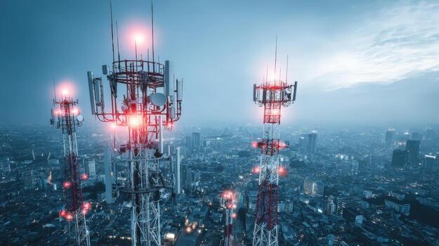 Communication Towers with Cityscape at Night Telecommunication Infrastructure for Wireless Network and Data Transmission photo