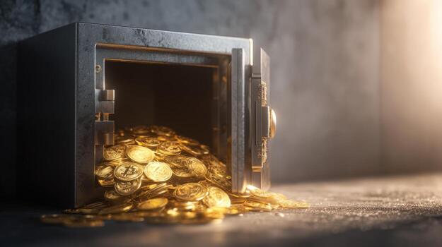 Open Safe Overflowing with Gold Coins, representing wealth, security, and financial abundance against gray wall photo