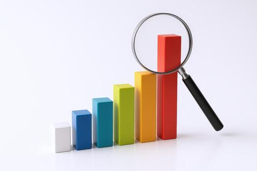 Analyzing Business Growth Colorful Bar Graph with Magnifying Glass on a Clean White Background photo