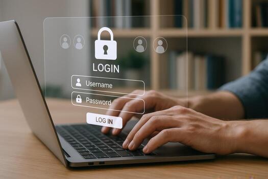 Secure Online Access Man Typing Login Credentials on Laptop for Data Protection photo