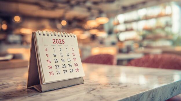 Calendar Showing Year 2025 on Marble Tabletop in Blurred Background Future Planning and Timeline Concept photo