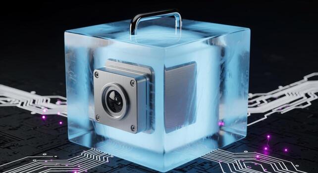 High Tech Camera Module Encased in an Ice Cube, Representing Data Security and Innovation photo
