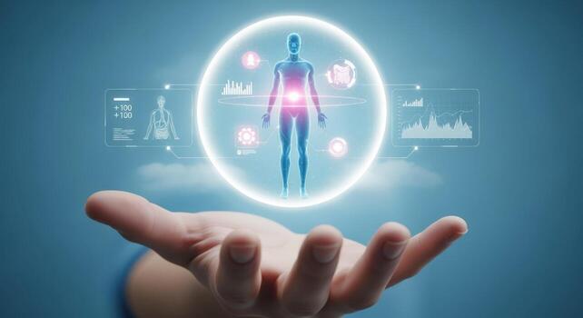 Human Body Scan Technology Hand Holding Hologram with Health Data Analysis and Diagnostics Display photo