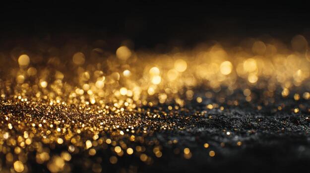 Golden Glitter Sparkling on Dark Surface, Abstract Festive Background with Copy Space, Luxury and Celebration photo