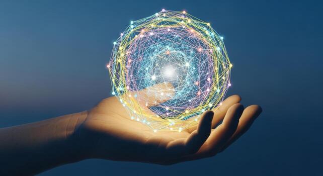 Connected World Technology Concept Hand Holding a Glowing Digital Network Sphere with Abstract Background photo