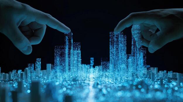 Digital Cityscape Creation Hands Shaping Futuristic Urban Development with Holographic Technology and Advanced Infrastructure photo
