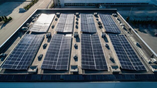 Commercial Building Rooftop Featuring Array of Solar Panels for Renewable Energy Generation and Sustainable Power photo