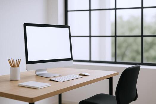 Minimalist Workspace Featuring a Computer with Blank Screen on Wooden Desk by a Window photo