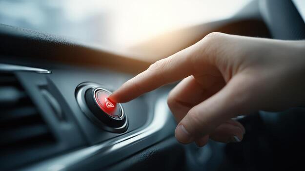Finger Presses Start Button of Modern Car Dashboard, Automotive Technology and Transportation Concept photo