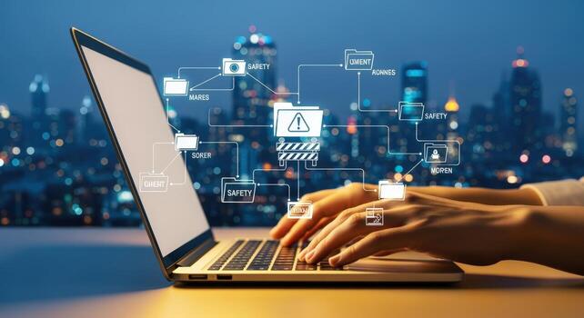 Cybersecurity Specialist Analyzing Data on Laptop with Cityscape Background, Identifying Vulnerabilities and Implementing Security Measures photo