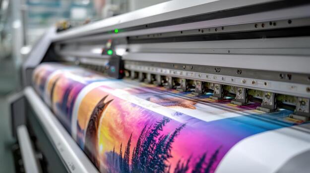 Large Format Printer Printing Colorful Image, Close-Up View of the Printing Process, Technology and Innovation photo
