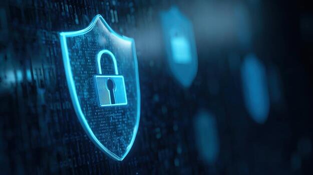 la seguridad cibernética proteger con candado representa datos proteccion y red seguridad soluciones en azul matiz foto