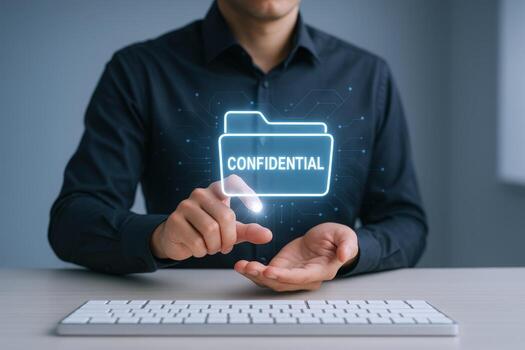 Digital Confidential Information Management Man Interacting with Sensitive Data Folder Interface on a Computer photo