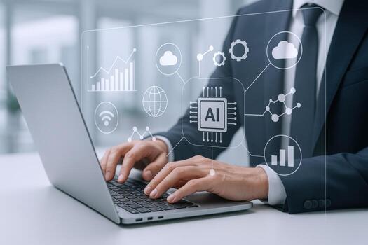 Businessman Typing on Laptop with AI Visualization Overlay, Data Analysis, and Technology Concepts photo