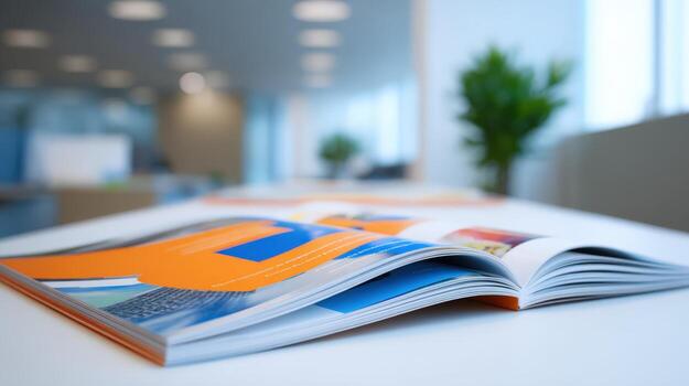 Open Magazine on White Table in Modern Office Setting, Creative Content Presentation photo