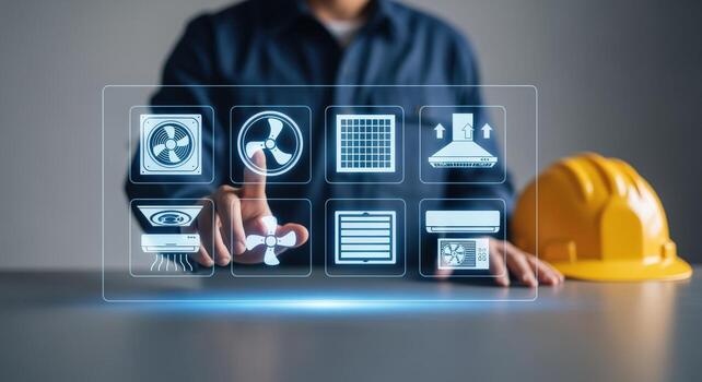 HVAC Technician Interacting with Digital Interface Representing Ventilation and Air Conditioning Systems for Smart Home Automation photo