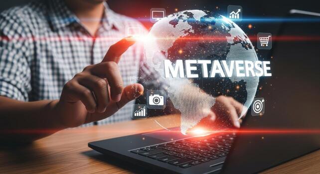 Metaverse Technology Man Interacting with Virtual Reality Interface on Laptop, Future Digital Innovation and Global Connectivity photo