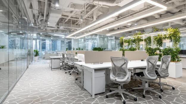 Modern Open Office Space with Natural Light and Greenery for Collaborative Work Environment photo
