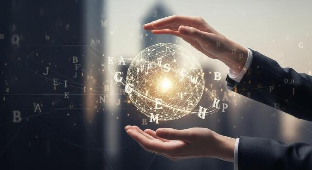 Global Network Connection Business Professional Holding Digital Sphere with Interconnected Data, Representing Technology and Innovation photo