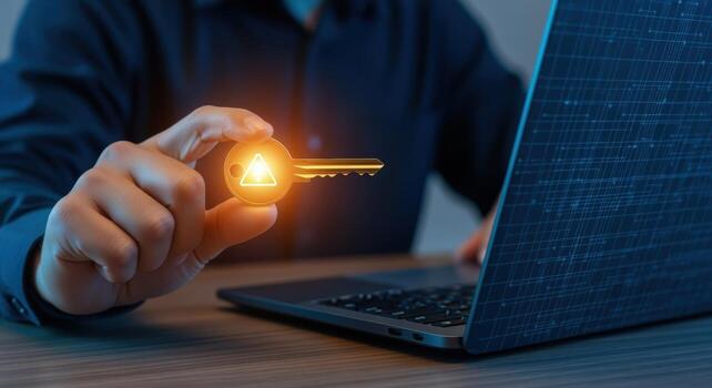 Data Encryption Person Holding a Key to Unlock Laptop, Representing Cybersecurity Solutions and Data Access photo