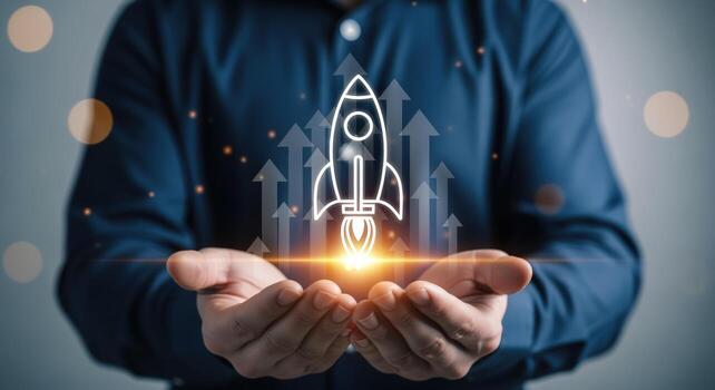 manos presentación cohete lanzamiento con hacia arriba flechas, simbolizando negocio crecimiento y puesta en marcha éxito en neutral antecedentes foto