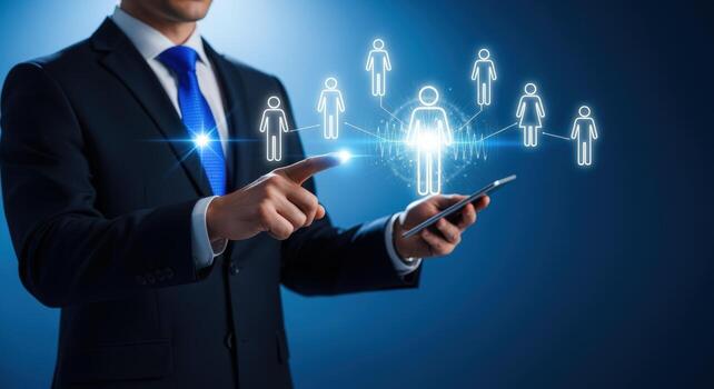 Business Professional Managing Virtual Team Network Technology, Communication, and Collaboration for Remote Success on Blue Background photo