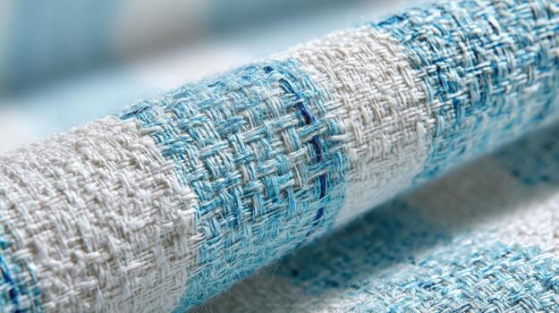 Close-up of Blue and White Plaid Fabric Roll Showing Woven Texture and Pattern photo