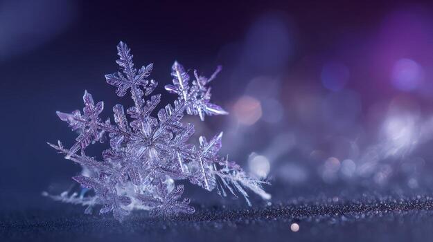 Detailed Macro Photograph of a Single Symmetrical Snowflake with Intricate Crystal Patterns on Dark Textured Surface photo