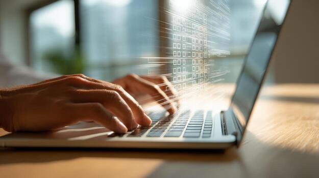 manos mecanografía en ordenador portátil con resumen datos cubrir para digital transformación y innovación foto