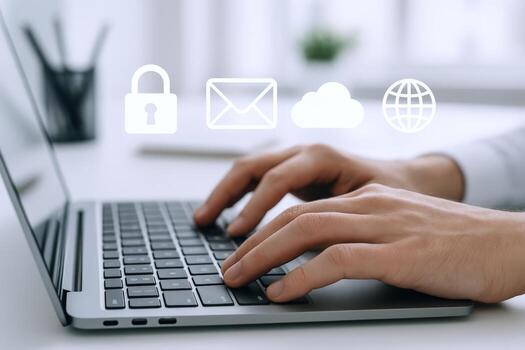 Typing on Laptop with Security Icons Data Protection and Online Safety Concept photo