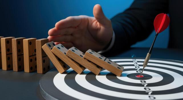 Domino Effect Interruption with Dart Hitting Bullseye, Risk Management and Strategy Implementation, Problem Solving photo