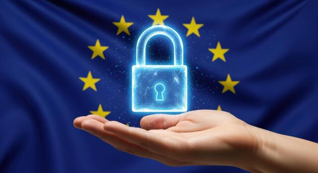 digital seguridad concepto brillante candado icono terminado mano con UE bandera antecedentes exhibiendo datos proteccion foto