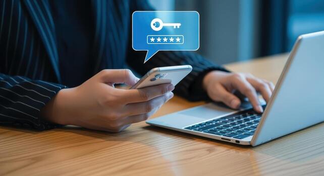 seguro acceso dos factores autenticación con móvil teléfono y ordenador portátil para mejorado la seguridad cibernética medidas foto