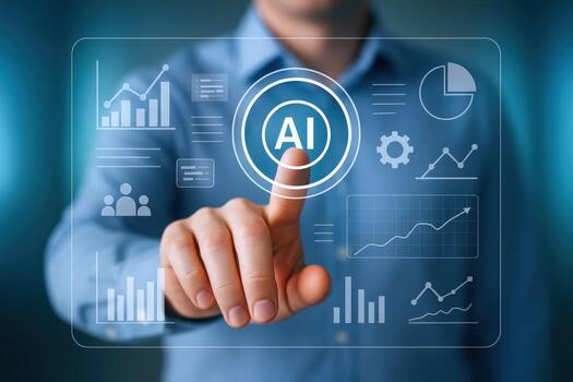 Businessman Interacting with Digital Screen Displaying AI, Data, and Statistical Analytics for Business Growth and Automation photo