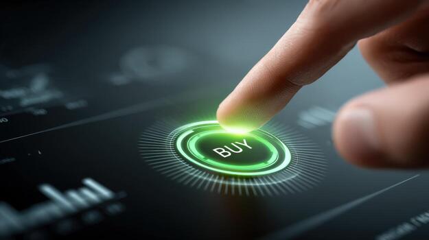 Finger About to Press Green Buy Button on Interactive Screen Interface photo