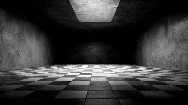 Dark Room with Checkered Floor and Concrete Walls, Illuminated by a Single Light Source photo