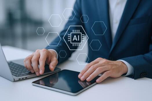 AI Integration Executive Utilizing Artificial Intelligence on Tablet with Laptop in Modern Office Setting photo