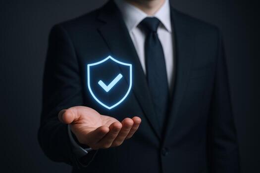 Businessman Offering Digital Shield with Checkmark Security, Protection and Assurance Concept for Business and Finance photo