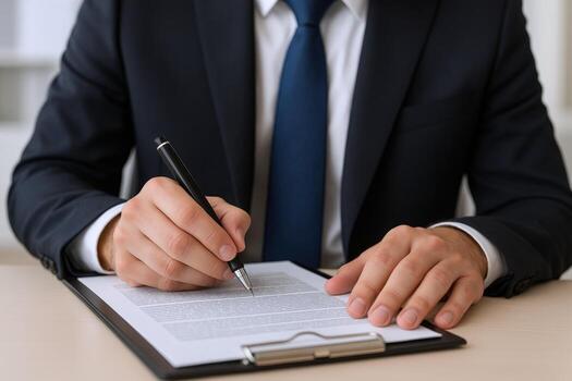 Businessman in Suit Signing Document on Clipboard, Close-Up Focus on Hands and Contract photo