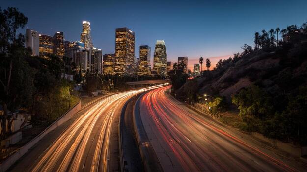 Downtown Cityscape at Dusk with Traffic Trails and Illuminated Buildings in Urban Environment photo