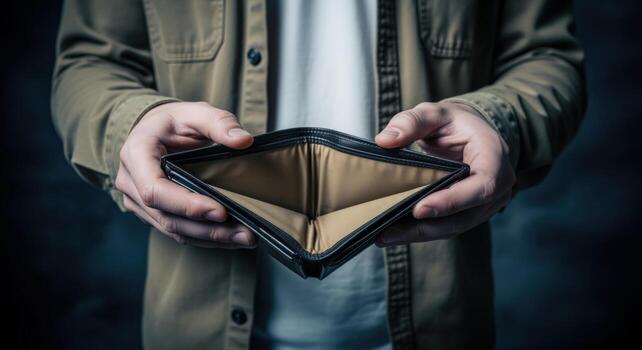 Empty Wallet Held by Person, Representing Financial Hardship and Economic Downturn, Dark Background photo