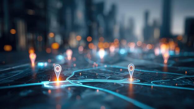 Digital Cityscape with Location Pins Futuristic Urban Navigation and Connectivity, Conceptual Technology photo