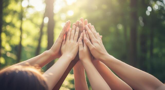 Diverse Team Hands United in Forest Collaboration, Unity, Achievement, and Environmental Responsibility Concept photo